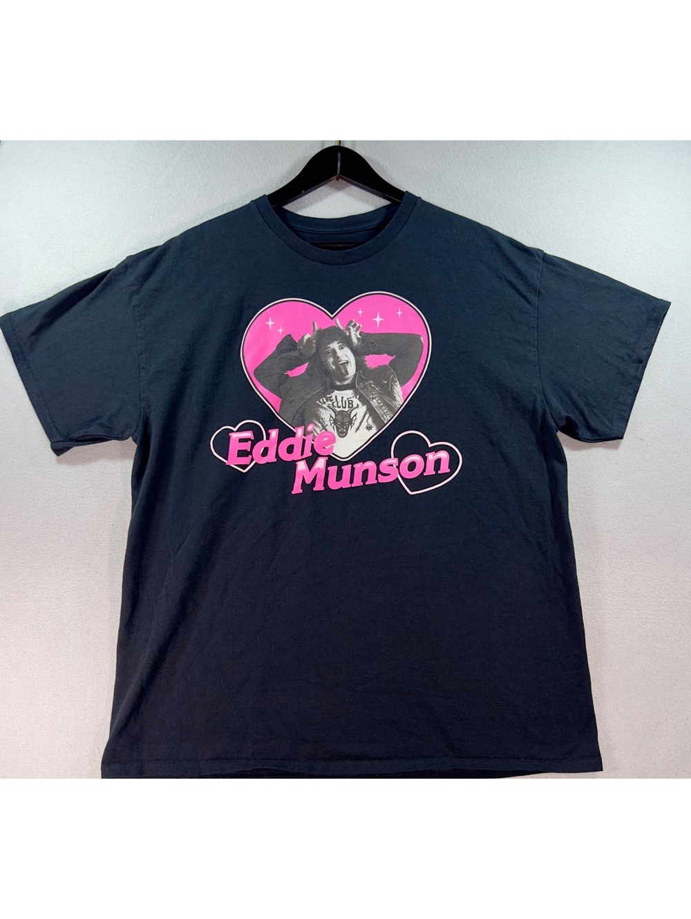 Stranger Things Eddie Munson Graphic Tee Black Hot Pink Heart XL